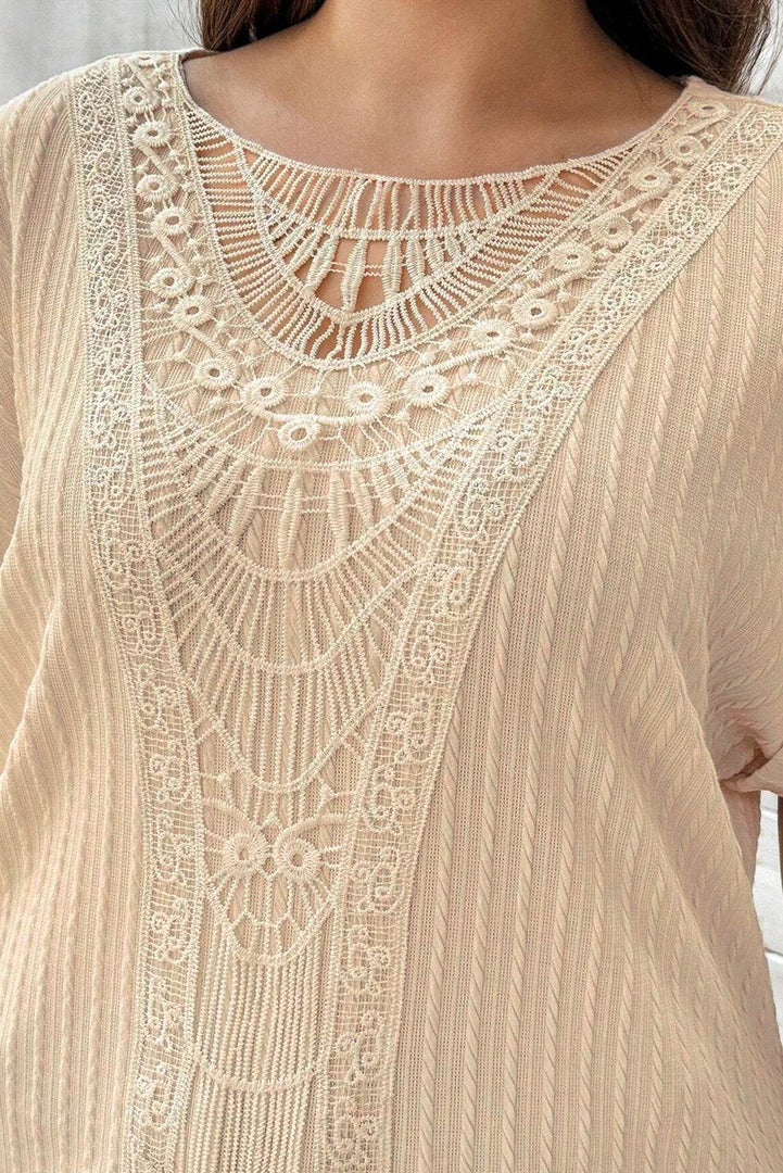 Beige Lace Crochet Patched Cable Textured Cuffed Short Sleeve Plus Size Top - Fashion Queen -  6