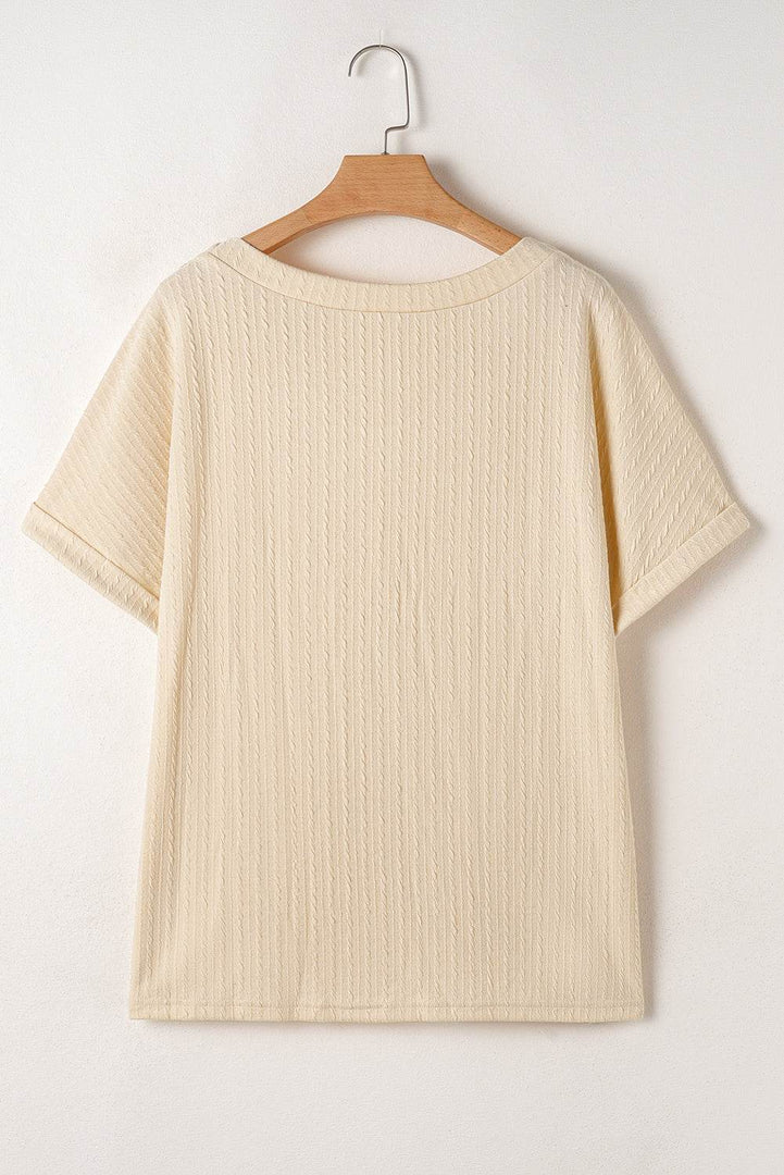Beige Lace Crochet Patched Cable Textured Cuffed Short Sleeve Plus Size Top - Fashion Queen -  8