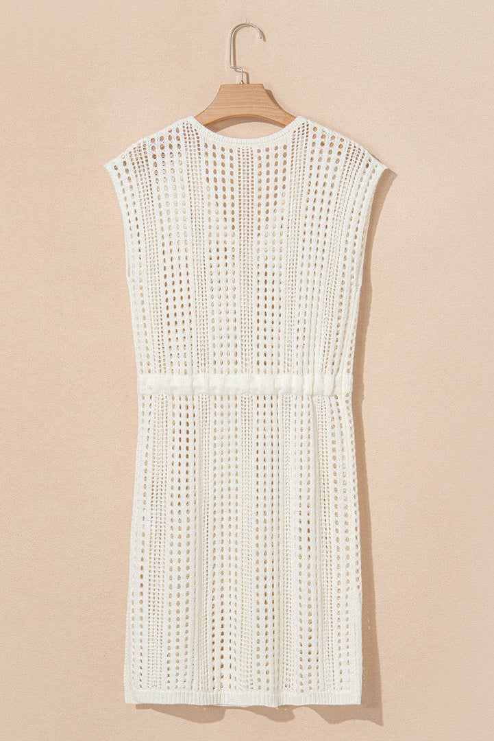Beige Open Knit Drawstring Waist Beach Dress - Fashion Queen -  11