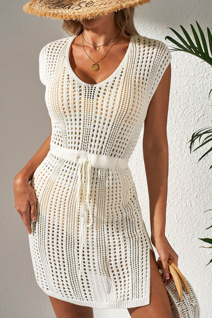 Beige Open Knit Drawstring Waist Beach Dress - Fashion Queen -  5