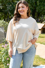 Load image into Gallery viewer, Beige Pearl Decor Crew Neck Half Sleeve Plus Size T Shirt - Fashion Queen -  1
