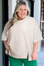 Load image into Gallery viewer, Beige Pearl Decor Crew Neck Half Sleeve Plus Size T Shirt - Fashion Queen -  10
