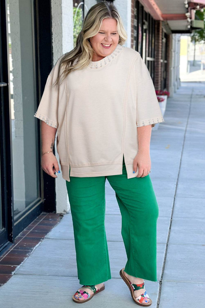 Beige Pearl Decor Crew Neck Half Sleeve Plus Size T Shirt - Fashion Queen -  11