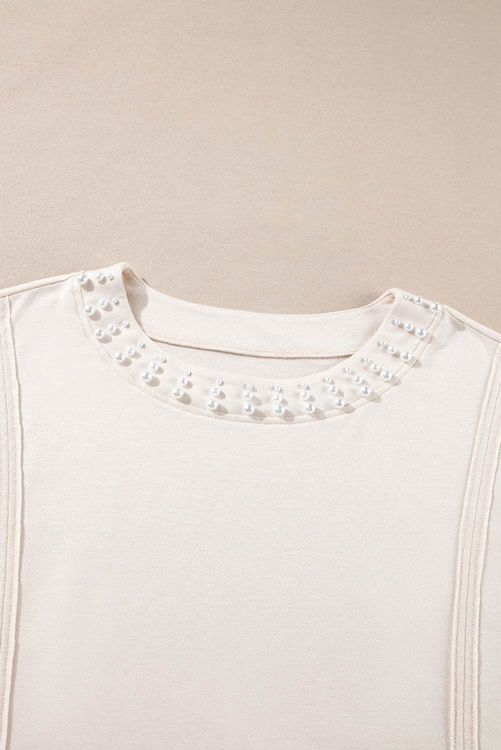 Beige Pearl Decor Crew Neck Half Sleeve Plus Size T Shirt - Fashion Queen -  17