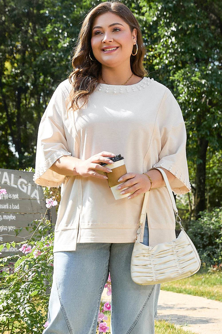 Beige Pearl Decor Crew Neck Half Sleeve Plus Size T Shirt - Fashion Queen -  5