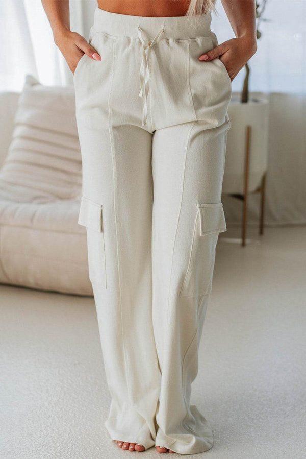 Beige Plain Cargo Pockets High Waist Casual Sweatpants - Fashion Queen -  1