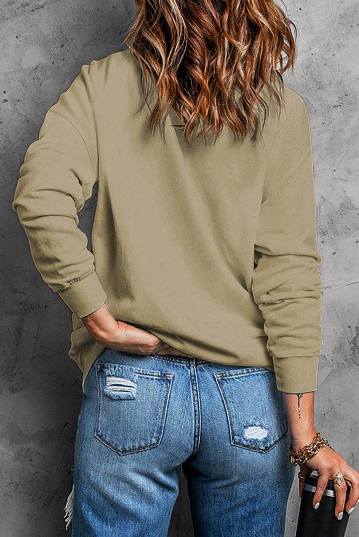 Beige Plain Crew Neck Pullover Sweatshirt - Fashion Queen -  8