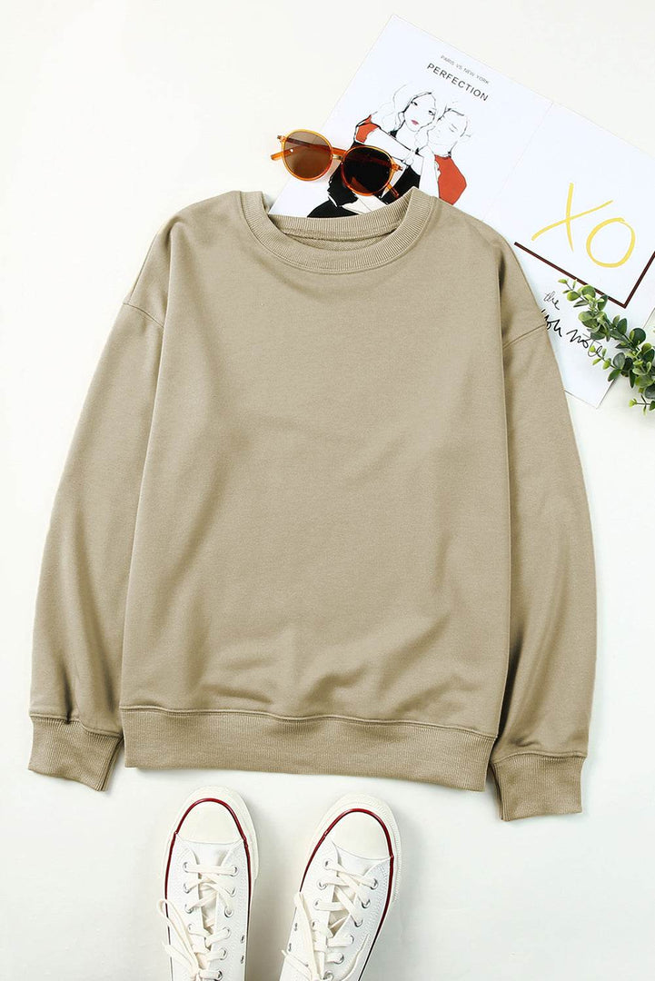 Beige Plain Crew Neck Pullover Sweatshirt - Fashion Queen -  9