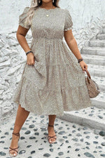 Load image into Gallery viewer, Beige Plus Size Leopard Print Frill Trim Short Sleeve Flared Dress - Fashion Queen -  1
