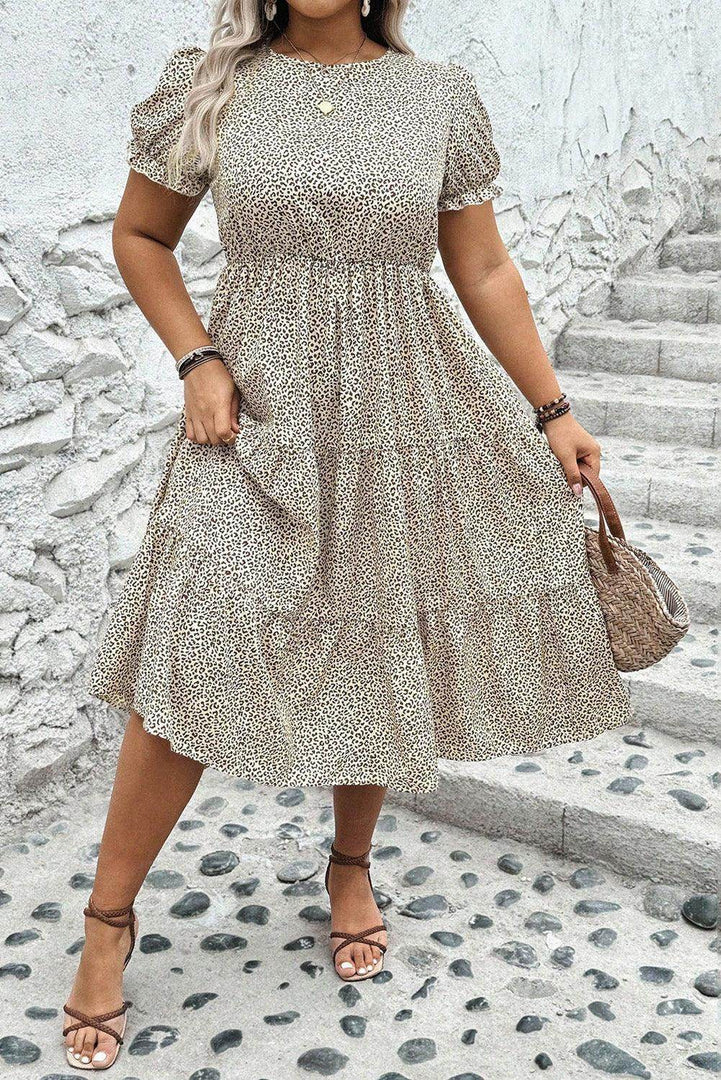 Beige Plus Size Leopard Print Frill Trim Short Sleeve Flared Dress - Fashion Queen -  1