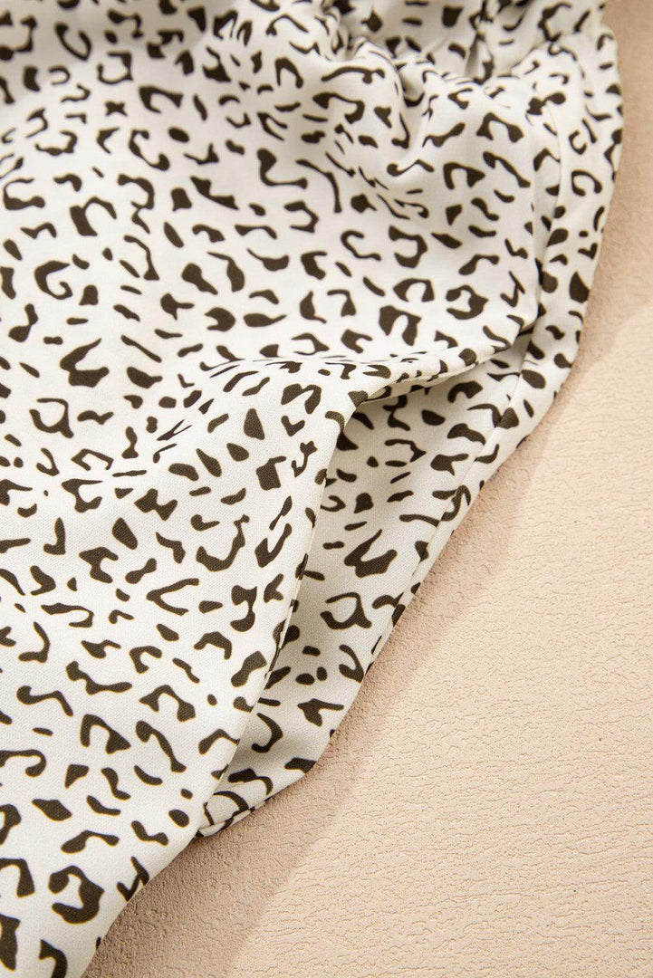 Beige Plus Size Leopard Print Frill Trim Short Sleeve Flared Dress - Fashion Queen -  10