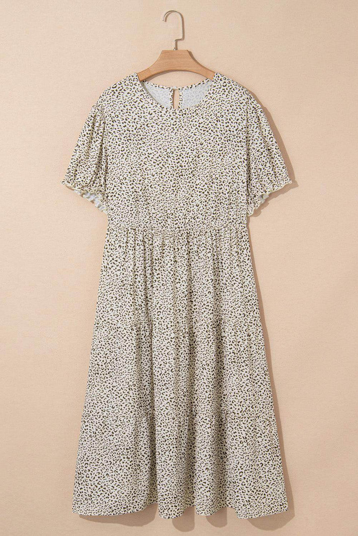 Beige Plus Size Leopard Print Frill Trim Short Sleeve Flared Dress - Fashion Queen -  12