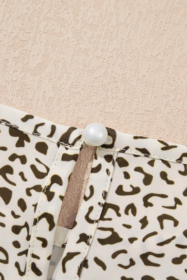 Beige Plus Size Leopard Print Frill Trim Short Sleeve Flared Dress - Fashion Queen -  14
