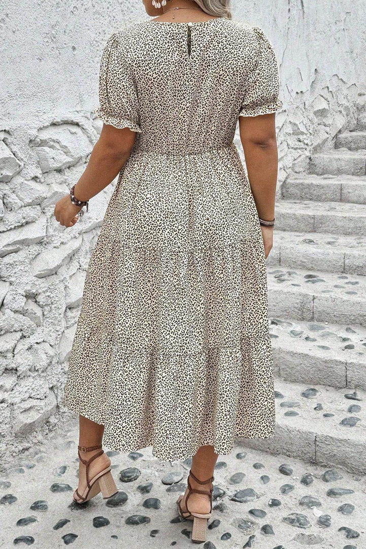 Beige Plus Size Leopard Print Frill Trim Short Sleeve Flared Dress - Fashion Queen -  2