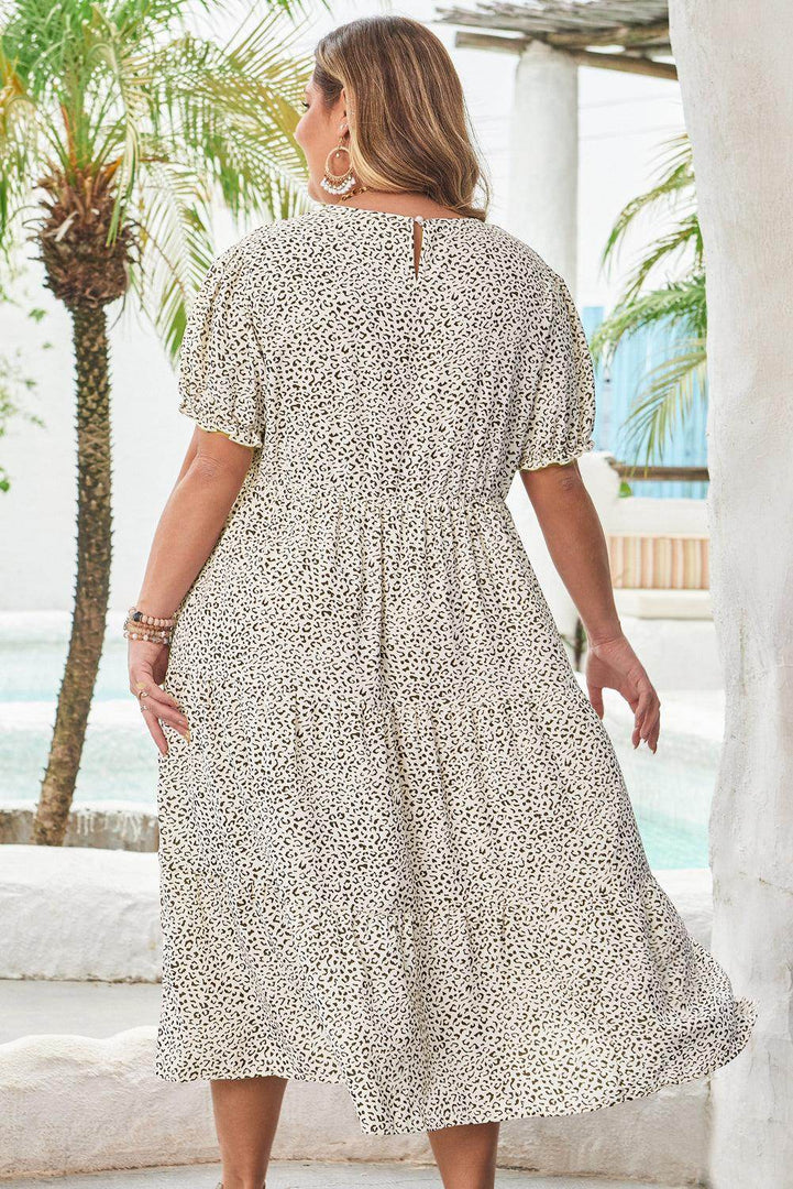 Beige Plus Size Leopard Print Frill Trim Short Sleeve Flared Dress - Fashion Queen -  20