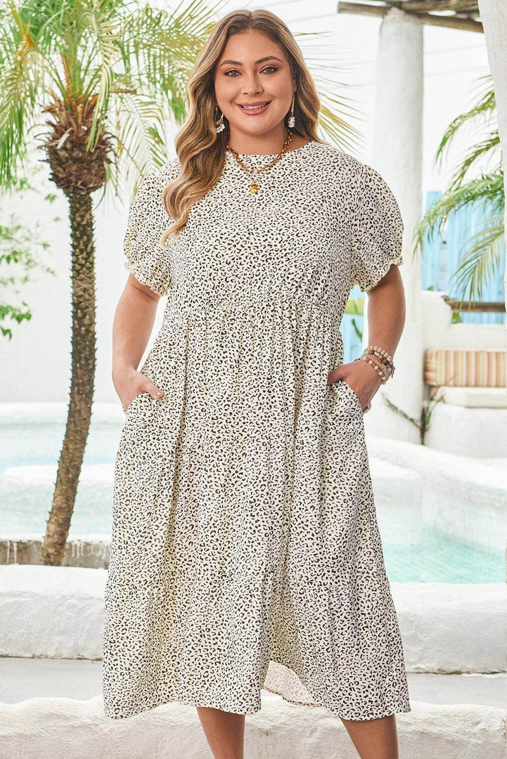Beige Plus Size Leopard Print Frill Trim Short Sleeve Flared Dress - Fashion Queen -  24