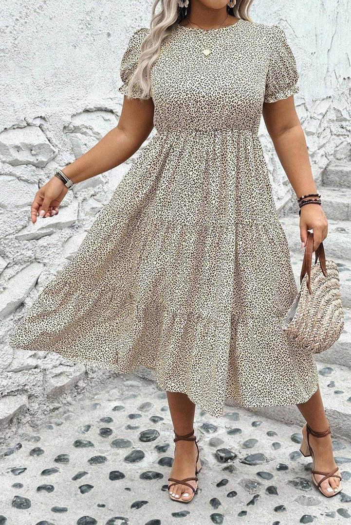 Beige Plus Size Leopard Print Frill Trim Short Sleeve Flared Dress - Fashion Queen -  3