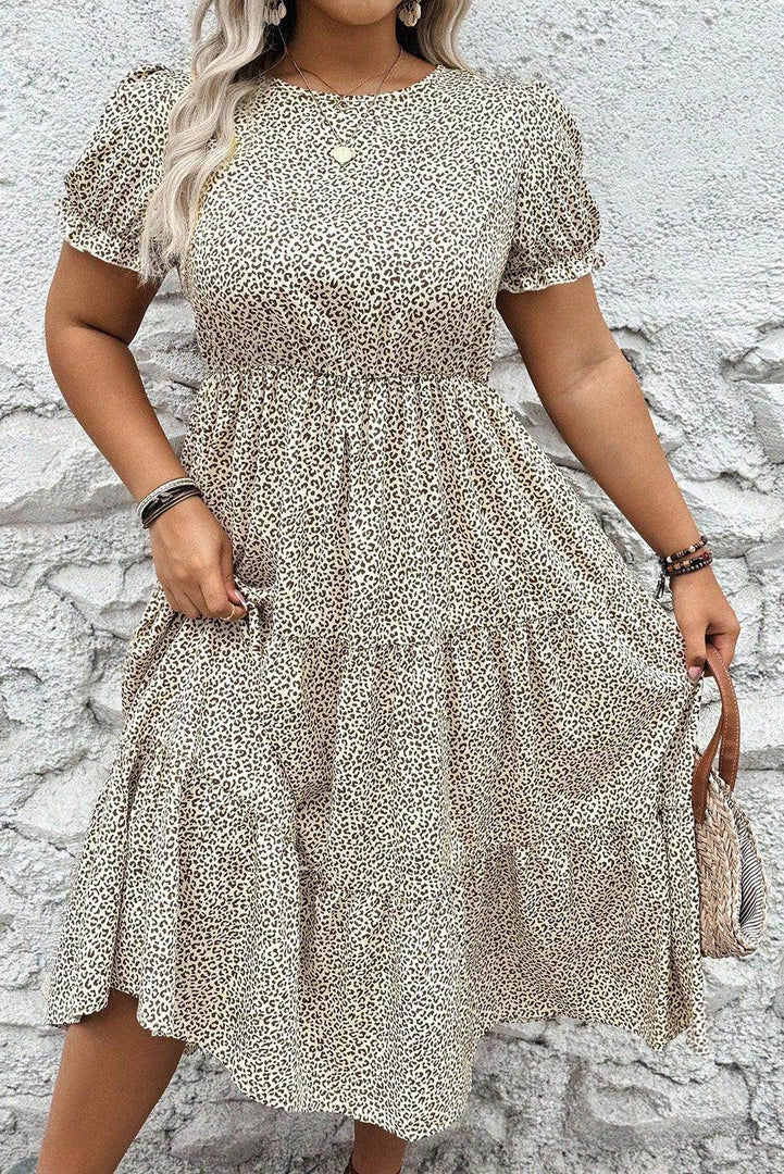 Beige Plus Size Leopard Print Frill Trim Short Sleeve Flared Dress - Fashion Queen -  4