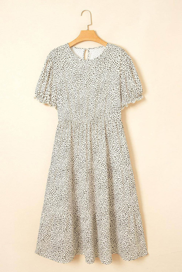 Beige Plus Size Leopard Print Frill Trim Short Sleeve Flared Dress - Fashion Queen -  5