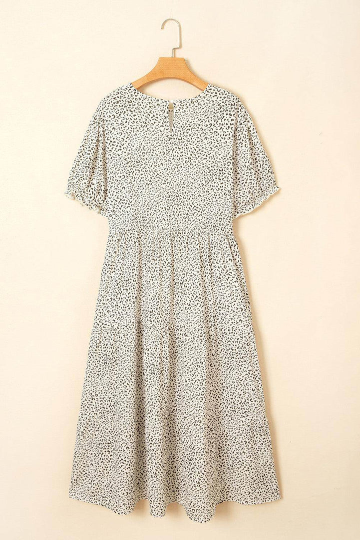 Beige Plus Size Leopard Print Frill Trim Short Sleeve Flared Dress - Fashion Queen -  6