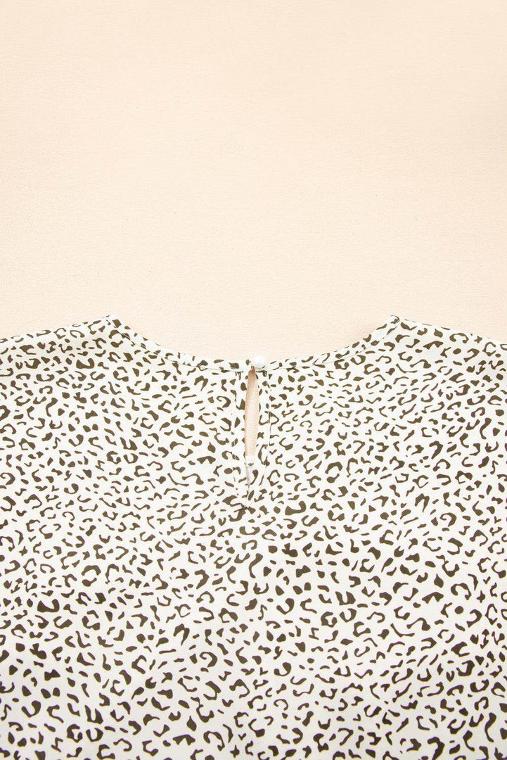 Beige Plus Size Leopard Print Frill Trim Short Sleeve Flared Dress - Fashion Queen -  8