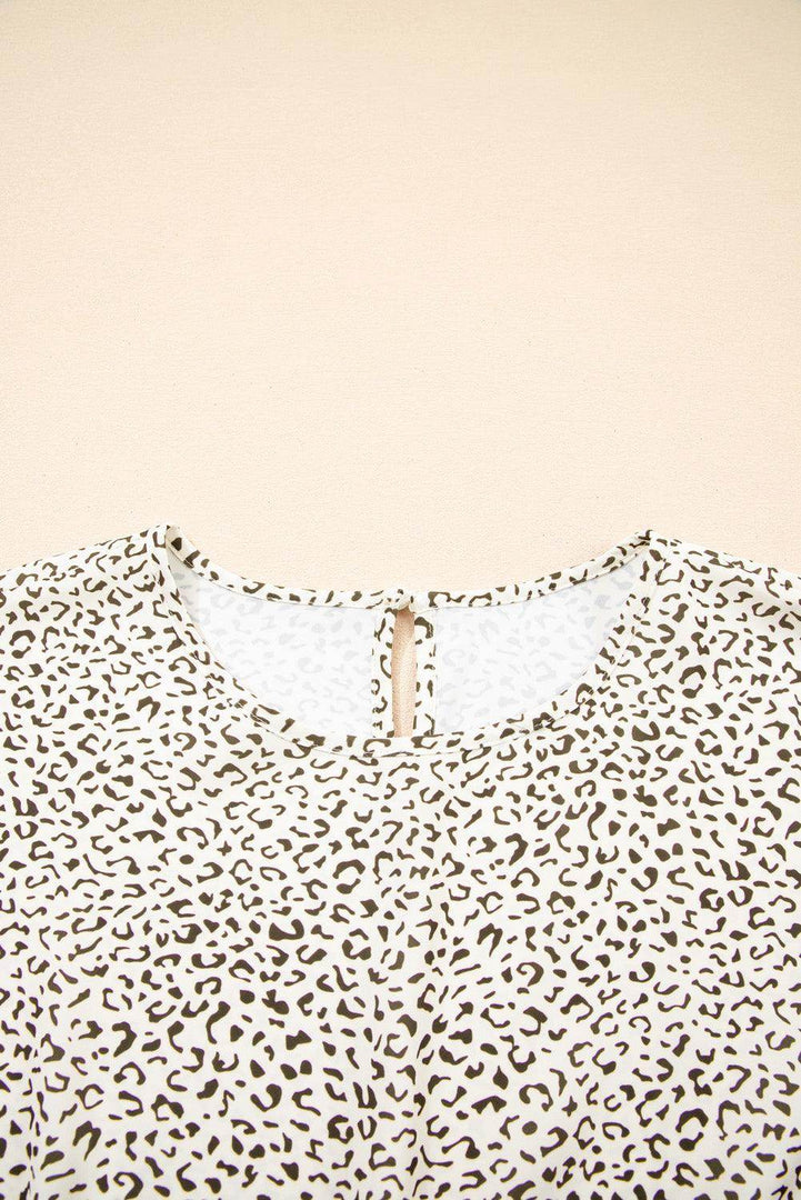 Beige Plus Size Leopard Print Frill Trim Short Sleeve Flared Dress - Fashion Queen -  9