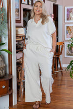 Load image into Gallery viewer, Beige Plus Size Textured Collared Top and Pants Set - Fashion Queen -  1

