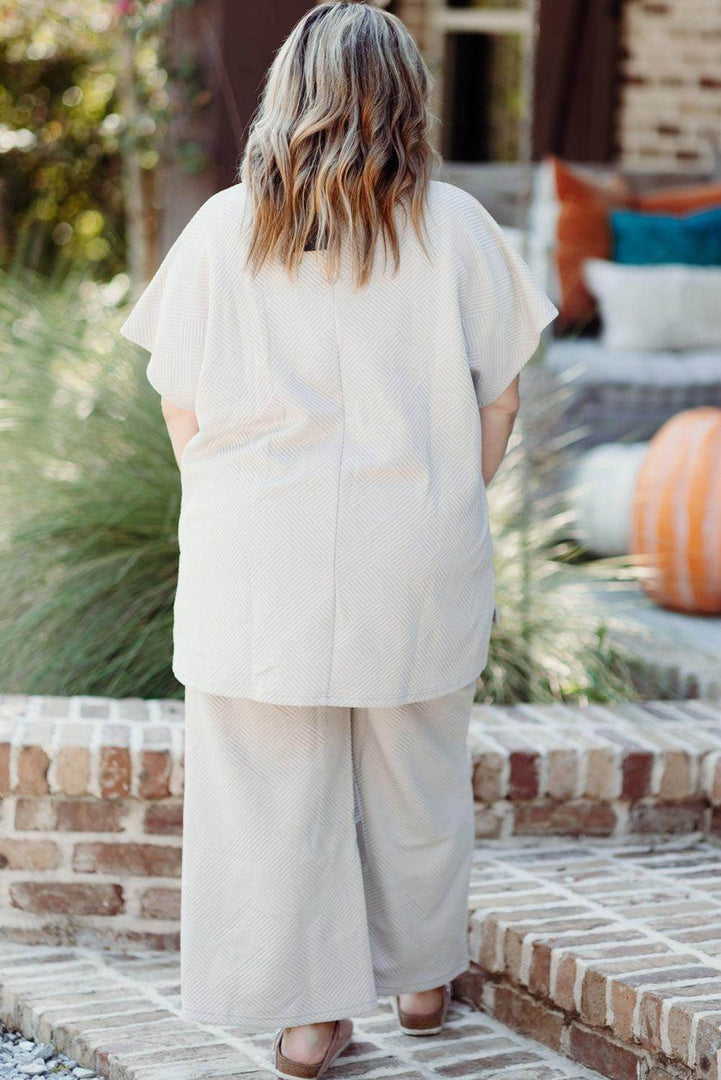 Beige Plus Size Textured Collared Top and Pants Set - Fashion Queen -  10
