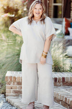 Load image into Gallery viewer, Beige Plus Size Textured Collared Top and Pants Set - Fashion Queen -  11
