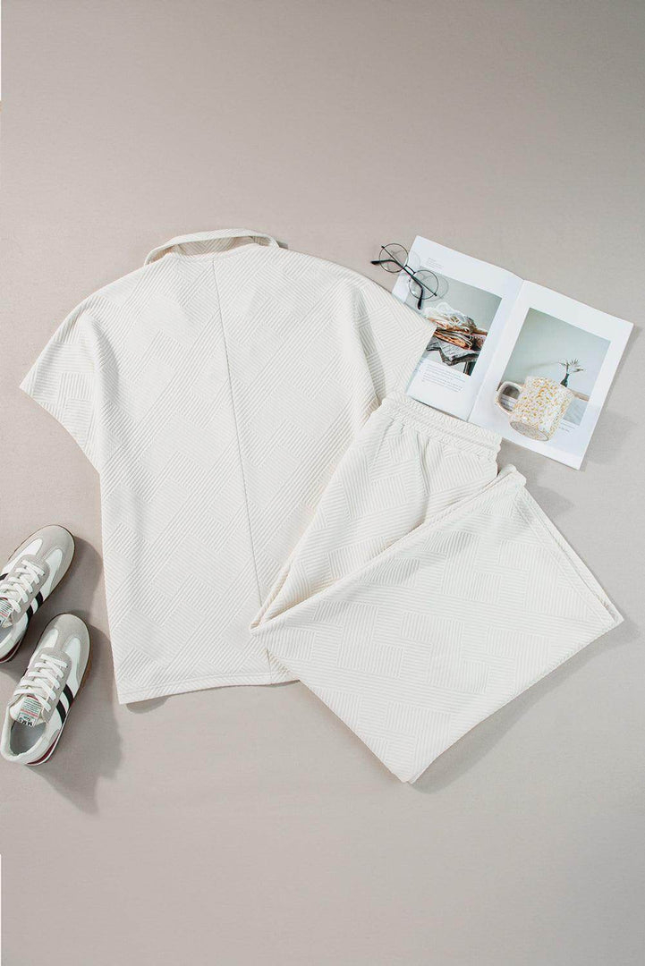 Beige Plus Size Textured Collared Top and Pants Set - Fashion Queen -  13
