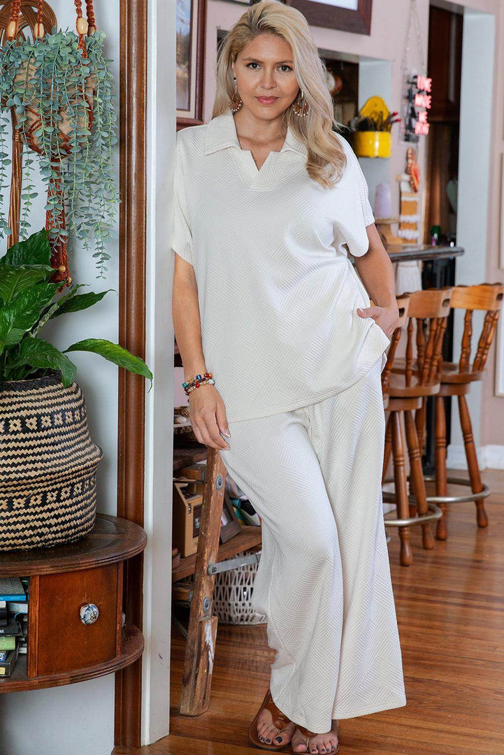 Beige Plus Size Textured Collared Top and Pants Set - Fashion Queen -  5