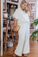 Load image into Gallery viewer, Beige Plus Size Textured Collared Top and Pants Set - Fashion Queen -  6

