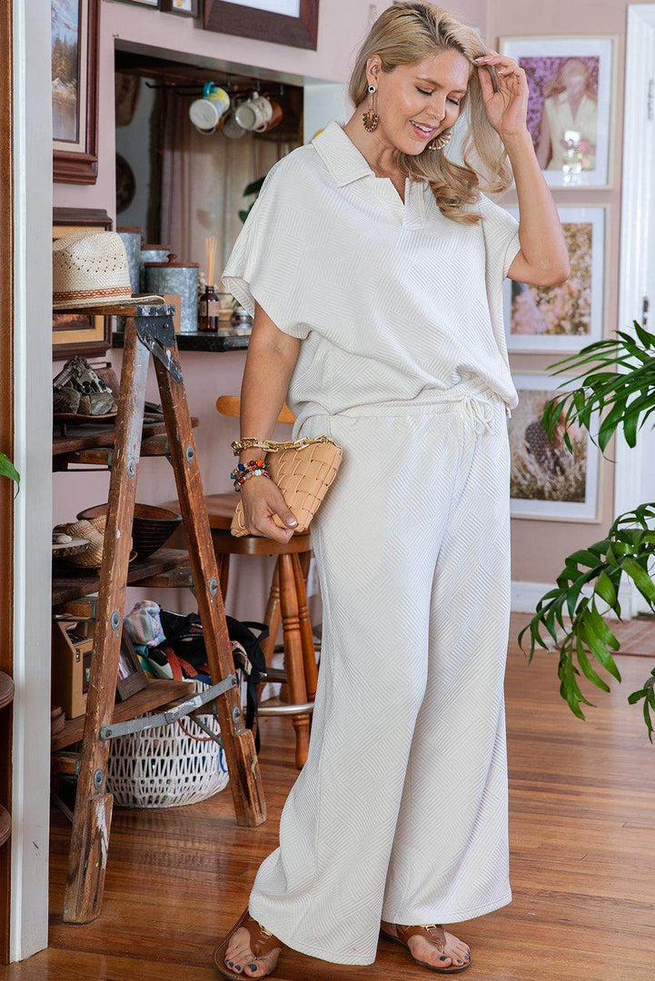 Beige Plus Size Textured Collared Top and Pants Set - Fashion Queen -  6