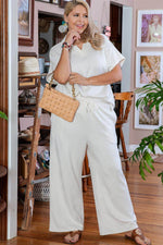 Load image into Gallery viewer, Beige Plus Size Textured Collared Top and Pants Set - Fashion Queen -  7
