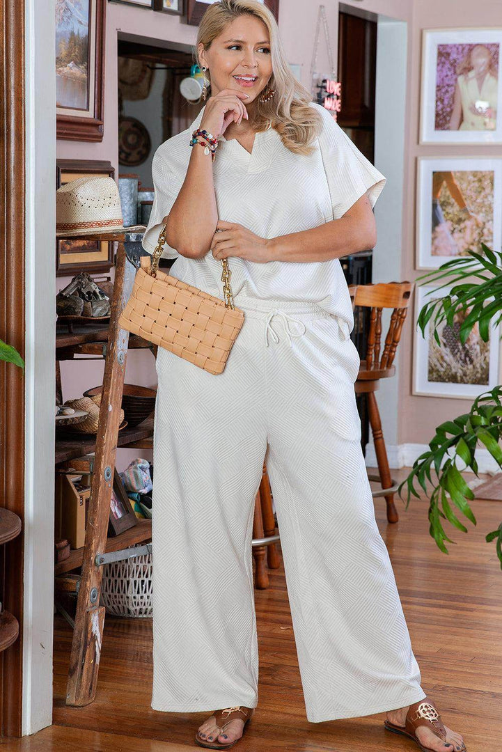 Beige Plus Size Textured Collared Top and Pants Set - Fashion Queen -  7