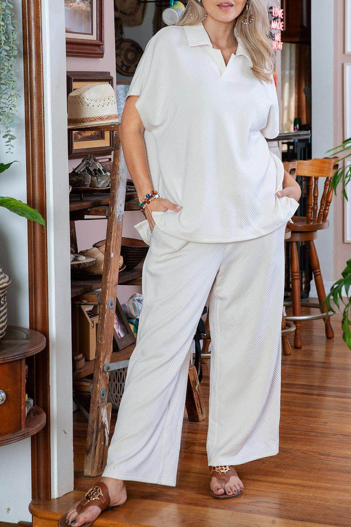 Beige Plus Size Textured Collared Top and Pants Set - Fashion Queen -  8