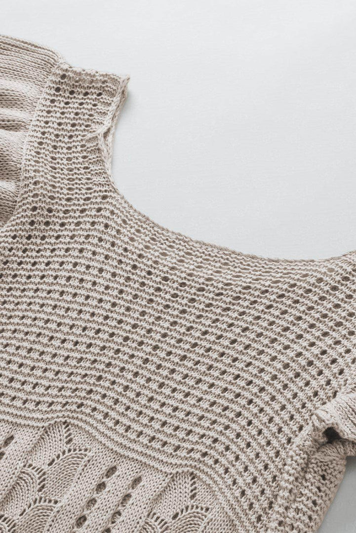 Beige Pointelle Knit Flutter Sleeve Sweater - Fashion Queen -  16