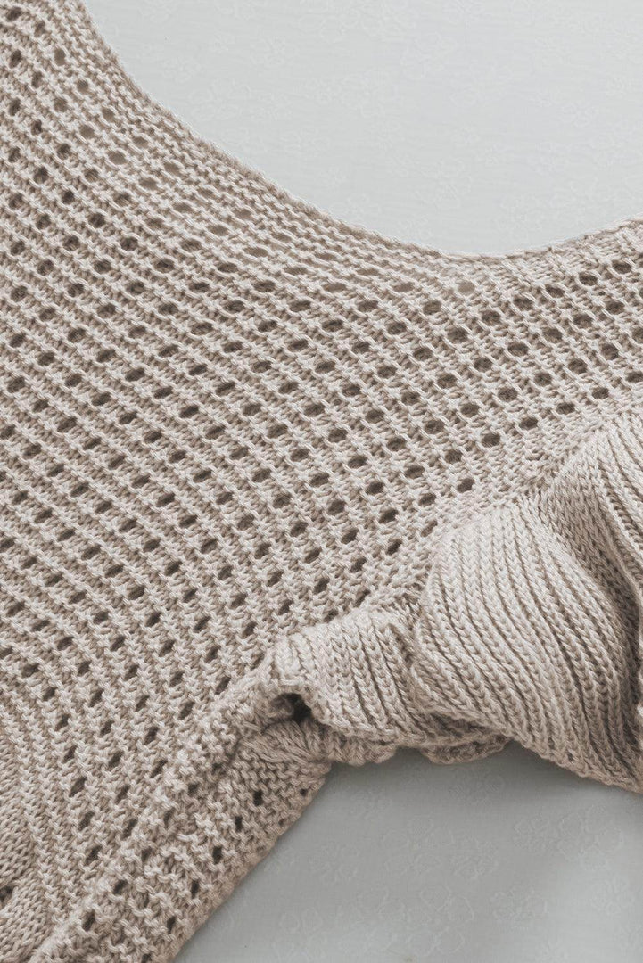 Beige Pointelle Knit Flutter Sleeve Sweater - Fashion Queen -  17