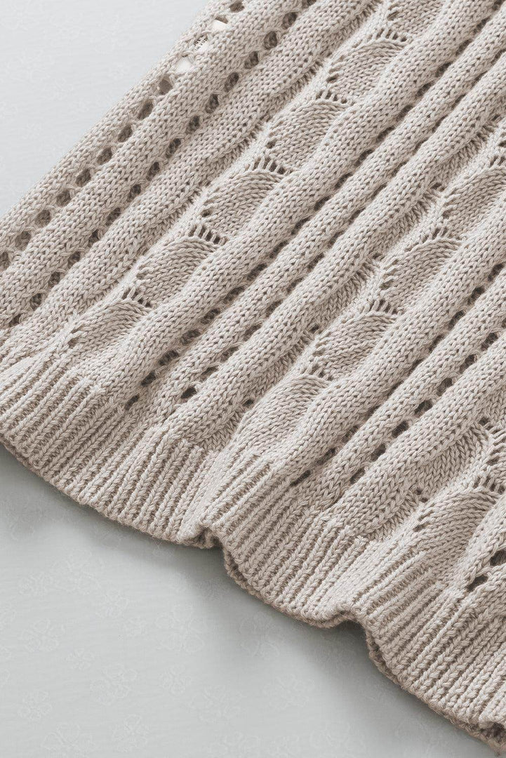 Beige Pointelle Knit Flutter Sleeve Sweater - Fashion Queen -  21