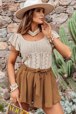 Load image into Gallery viewer, Beige Pointelle Knit Flutter Sleeve Sweater - Fashion Queen -  5
