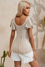 Load image into Gallery viewer, Beige Pointelle Knit Flutter Sleeve Sweater - Fashion Queen -  8
