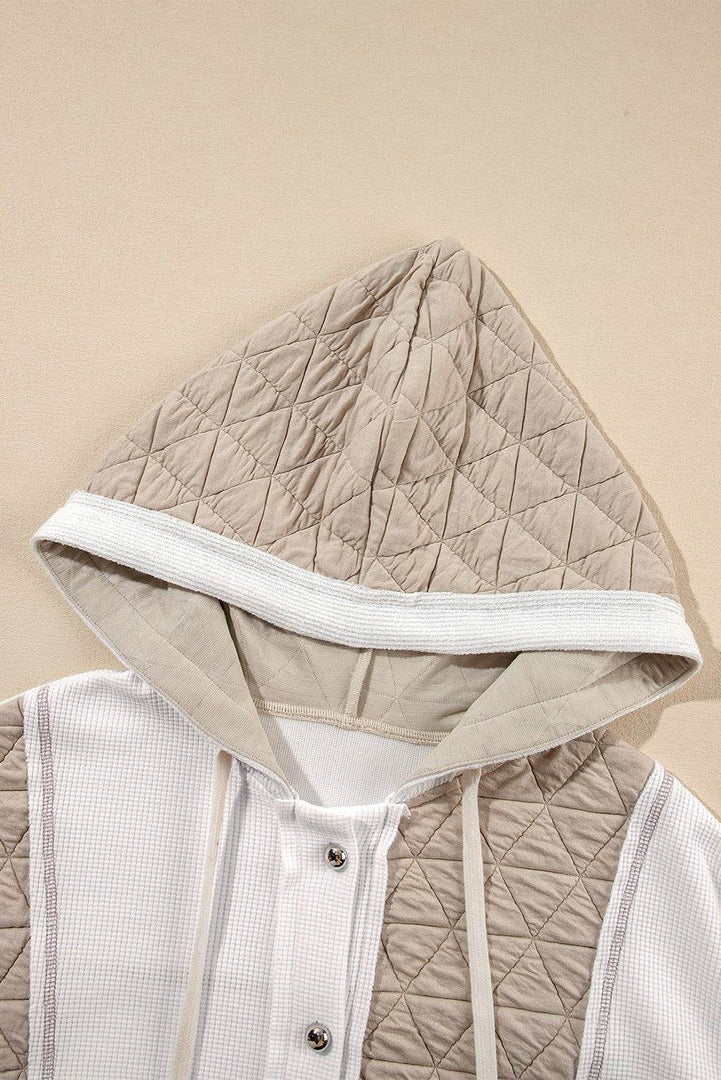 Beige Quilted Textured Patchwork Loose Fit Hooded Jacket - Fashion Queen -  10