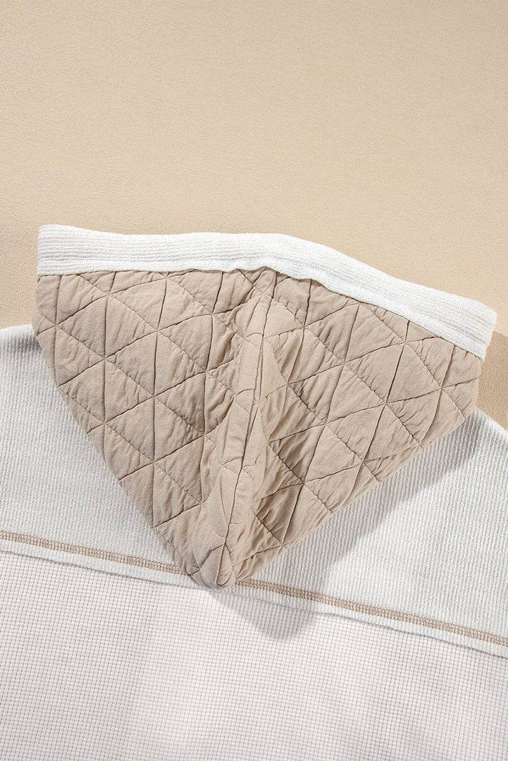 Beige Quilted Textured Patchwork Loose Fit Hooded Jacket - Fashion Queen -  11