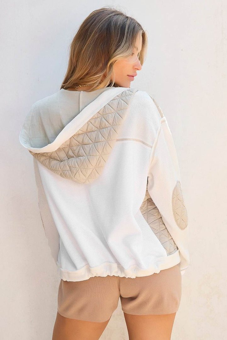 Beige Quilted Textured Patchwork Loose Fit Hooded Jacket - Fashion Queen -  2