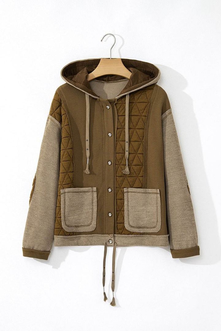 Beige Quilted Textured Patchwork Loose Fit Hooded Jacket - Fashion Queen -  20