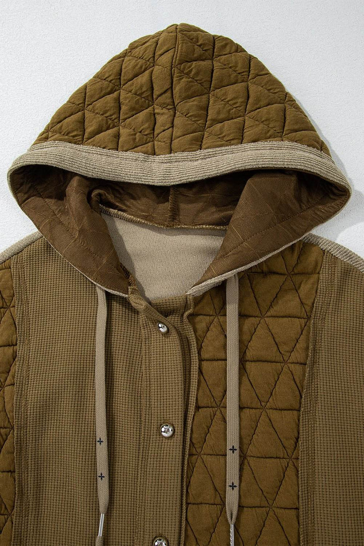Beige Quilted Textured Patchwork Loose Fit Hooded Jacket - Fashion Queen -  22