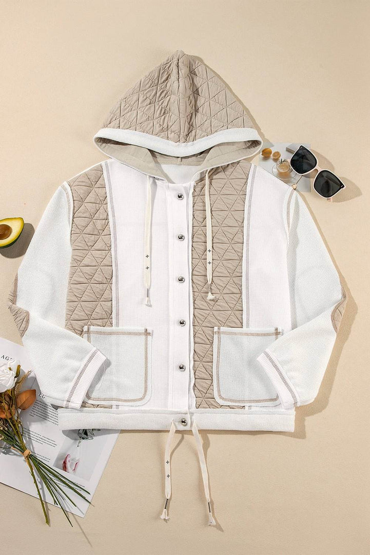 Beige Quilted Textured Patchwork Loose Fit Hooded Jacket - Fashion Queen -  8