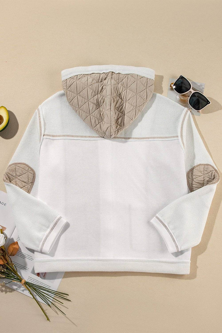 Beige Quilted Textured Patchwork Loose Fit Hooded Jacket - Fashion Queen -  9
