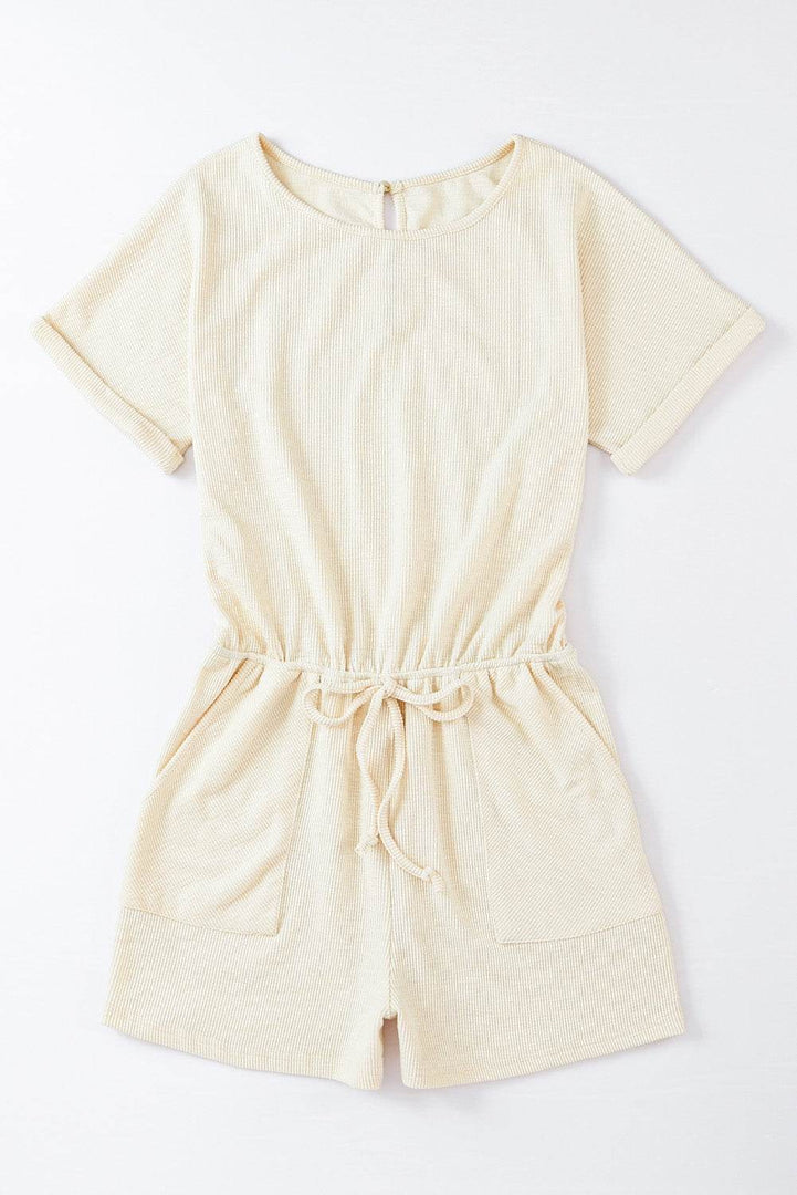 Beige Ribbed Elastic Waist Romper - Fashion Queen -  5