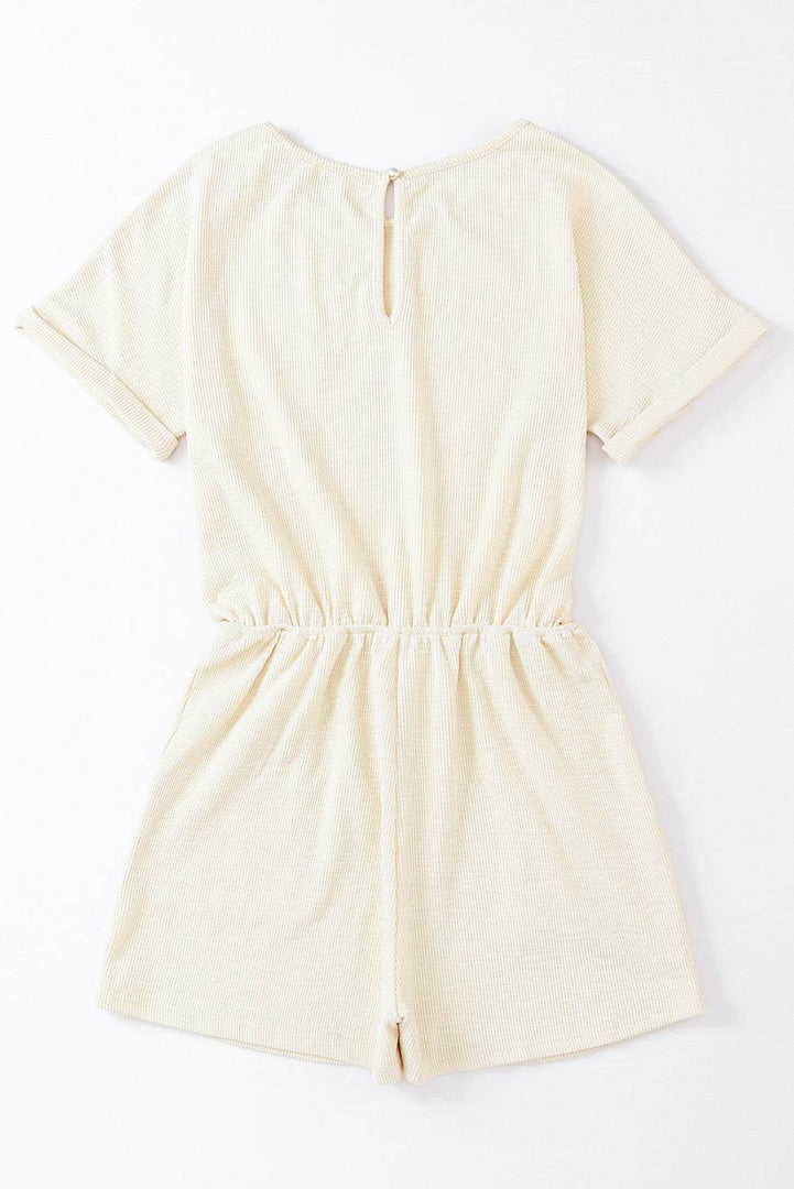 Beige Ribbed Elastic Waist Romper - Fashion Queen -  6